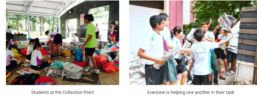 Students collecting and passing newspapers at a recycling drive, sorting materials in a covered area outdoors.